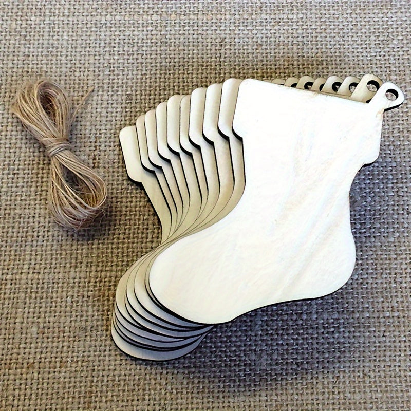 10pcs Wooden Stocking Cutouts Christmas Ornaments Hanging Pendant DIY Crafts