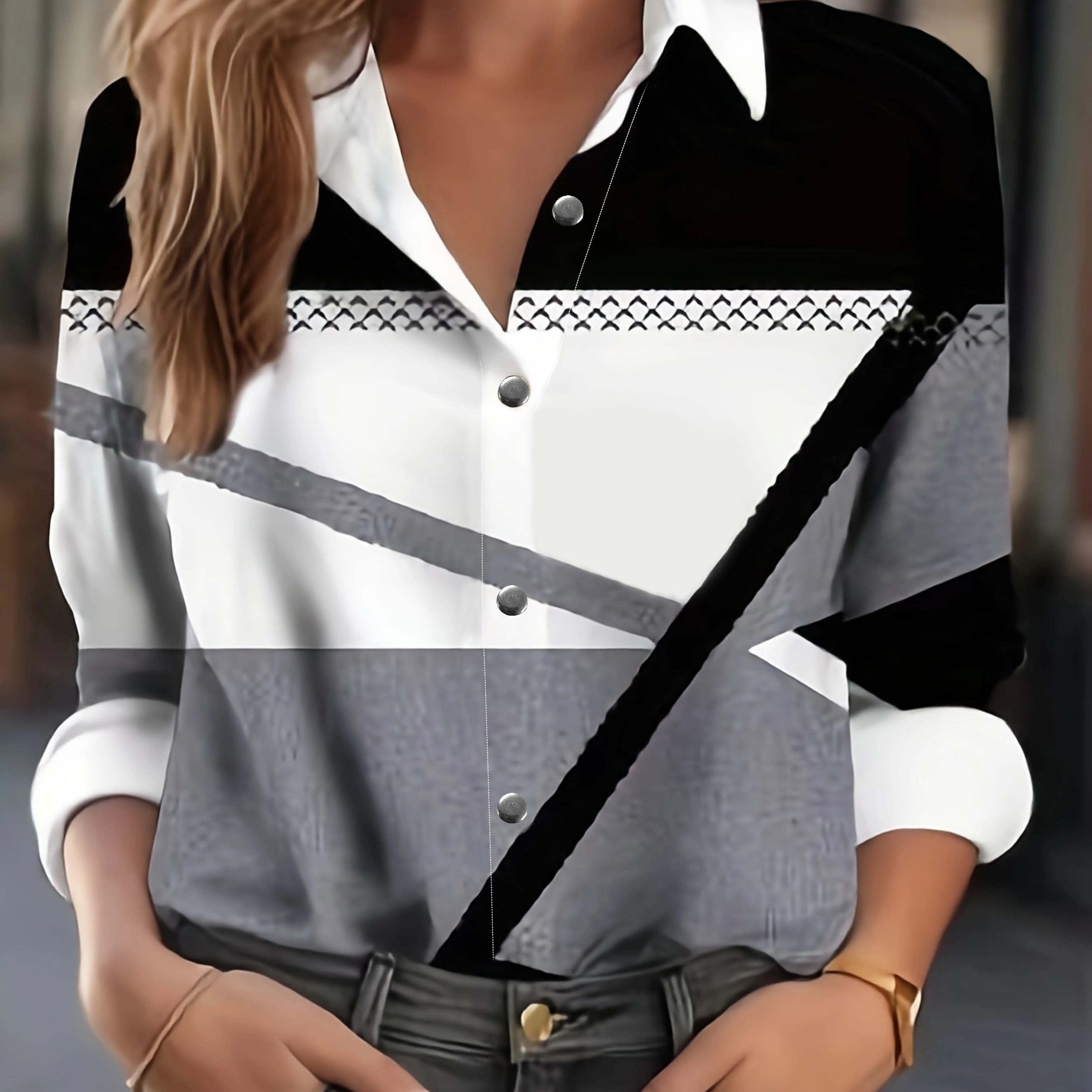  Colorblock Long Sleeve Button Up Collar Shirt Top