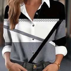  Colorblock Long Sleeve Button Up Collar Shirt Top