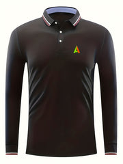 Men's A Print Polo Shirt Button Up Lapel Long
