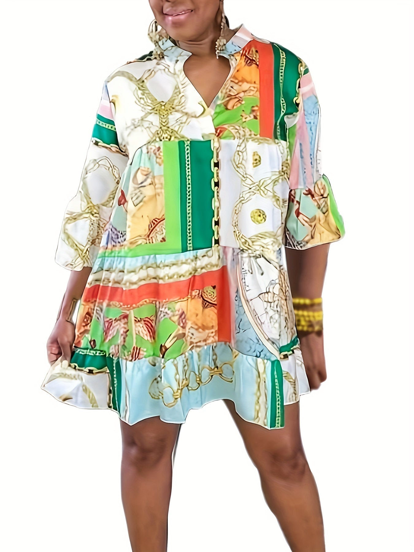  Colorblock Chain Print Ruffle Trim Smock Dress