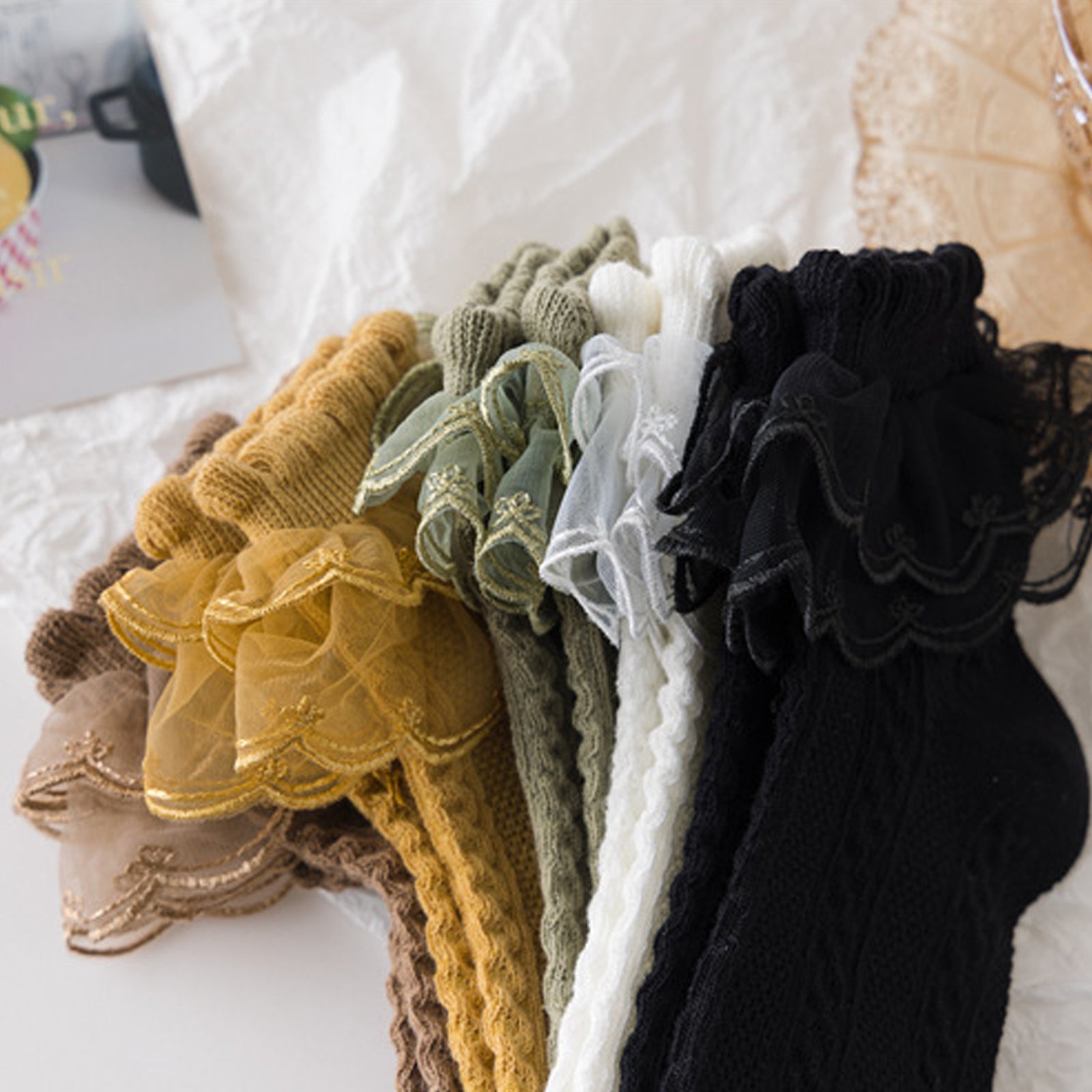 5 Pairs Girls Lace Brim Cotton Knit Socks for Autumn and Spring