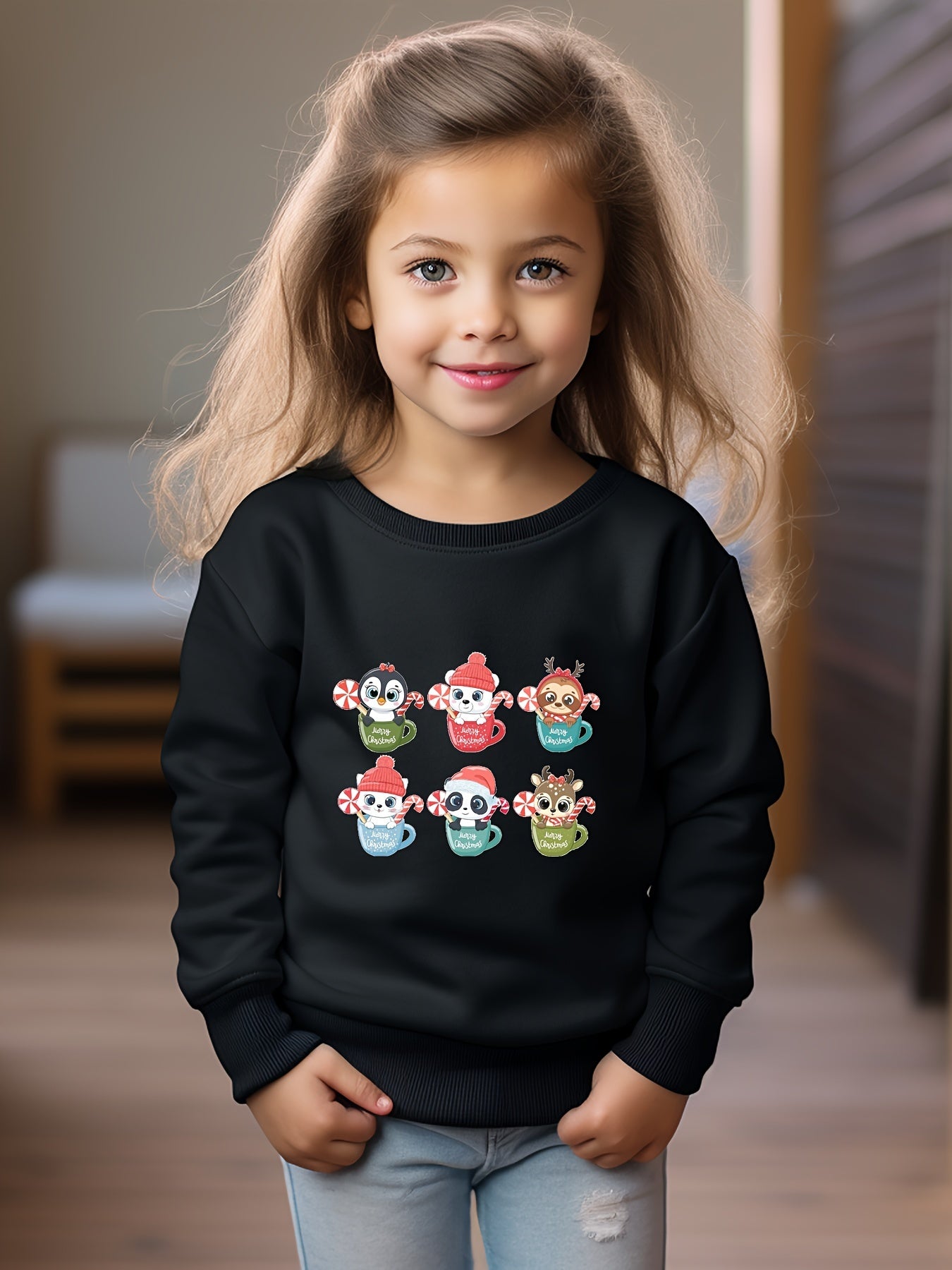Merry Christmas Animals Print Girls Casual Pullover Sweatshirt