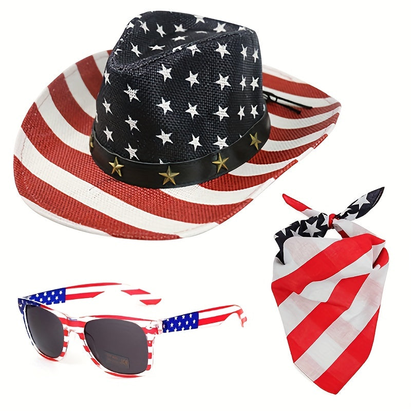 American Flag Cowboy Hat with Glasses Scarf
