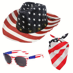 American Flag Cowboy Hat with Glasses Scarf