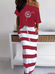 Women's Plus Dandelion Print Top & Stripe Print Maxi Skirt Set