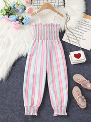 Toddler Girls Striped Frill Trim Cami Rompers for Beach Vacation