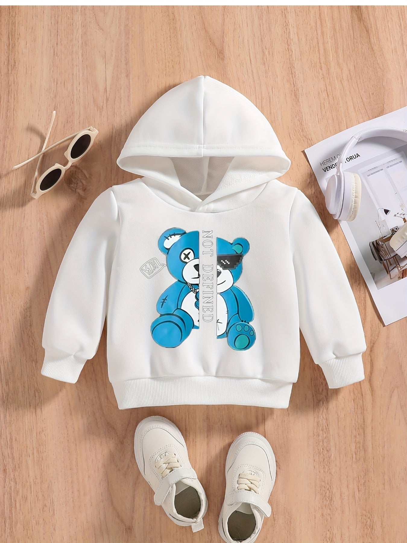 Letter And Bear Print Baby's Casual Pullover Hooded Sweatshirt