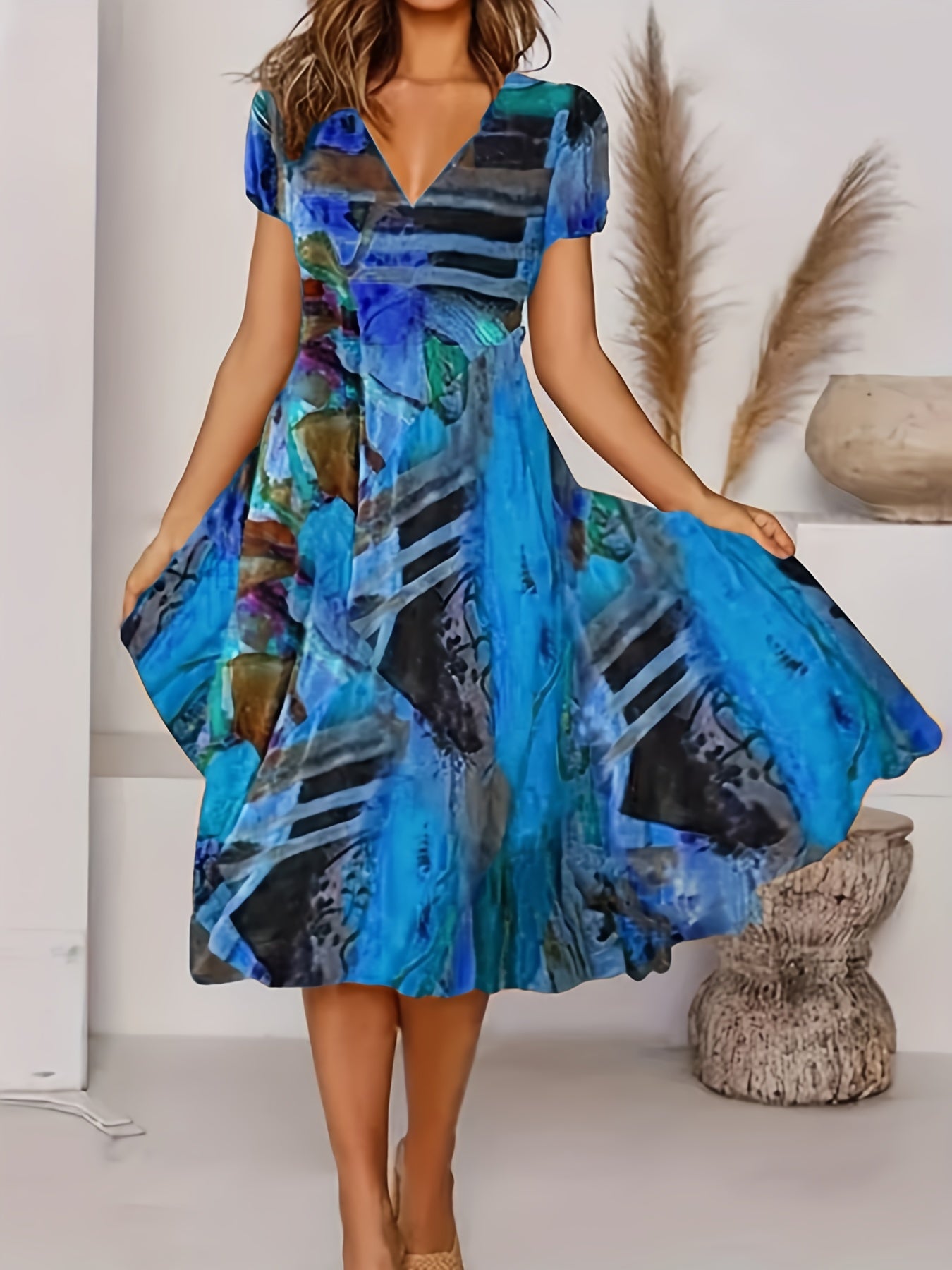  Casual Dress Women's Plus Painting Print Short Sleeve V Neck