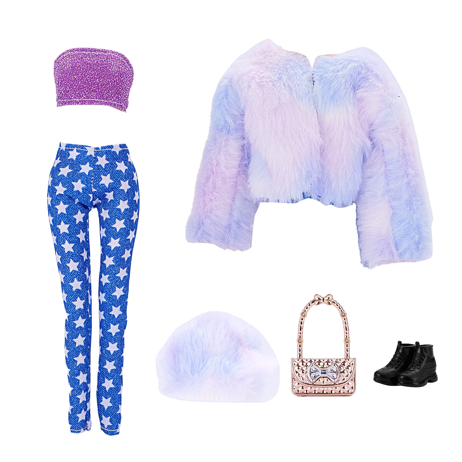Doll Clothes Set: Faux Fur Coat, Denim Jeans, Accessories