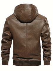 Men's PU Leather Hooded Jacket Windproof Waterproof Thick