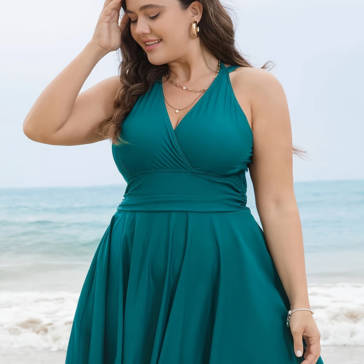  Wrap V Neck Halter Skirted One Piece Bathing Set
