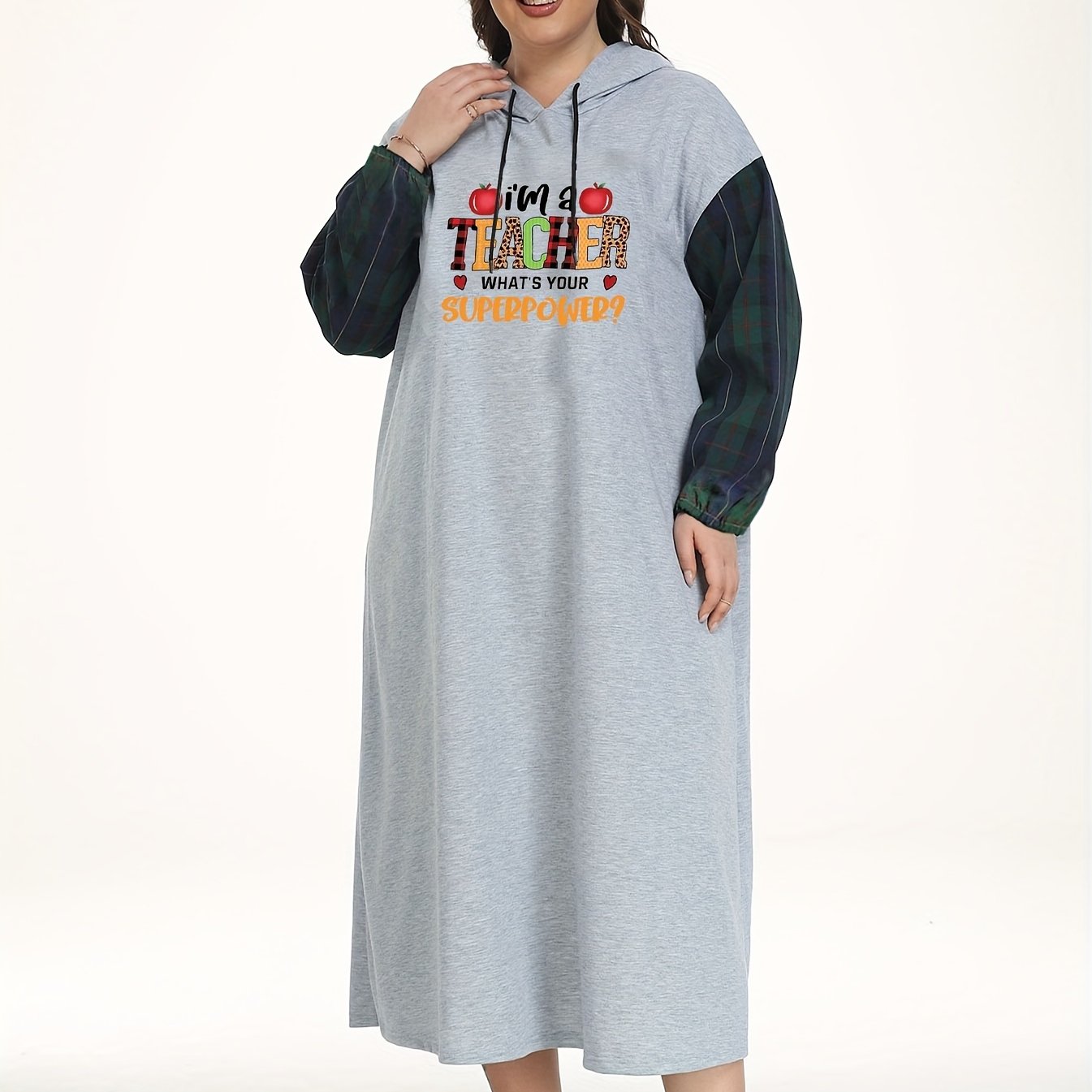 Plus Size Letter Graphic Plaid Hooded Sleep Dress