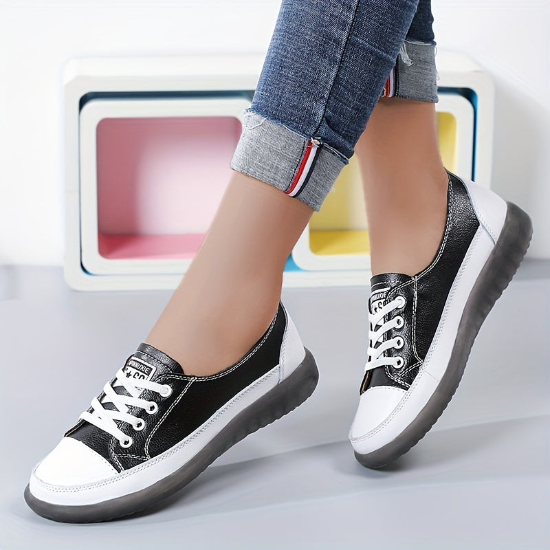 Women's Lace Up Flat Sneakers Low Top Shoes Soft Sole Faux Leather