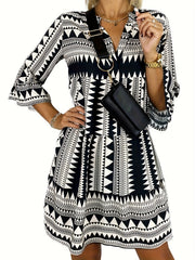 Geometric Print Bell Sleeve Loose Fit Dress