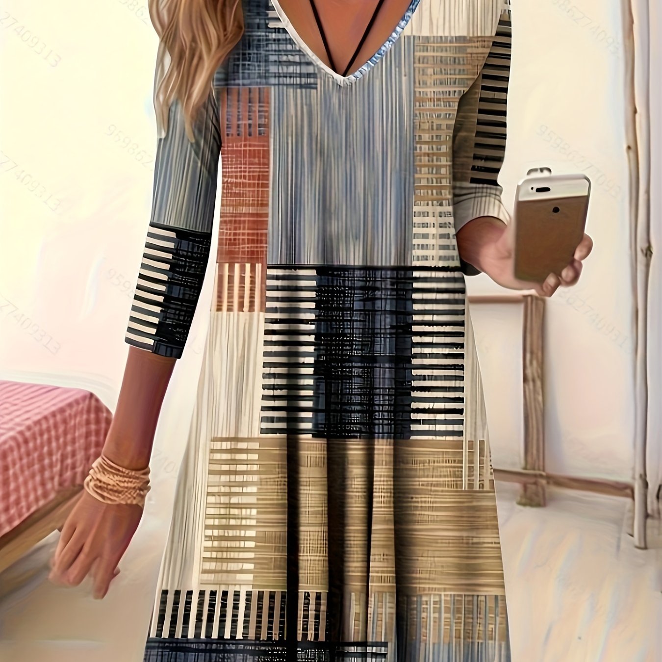  Patchwork Print Long Sleeve V Neck Mini Dress