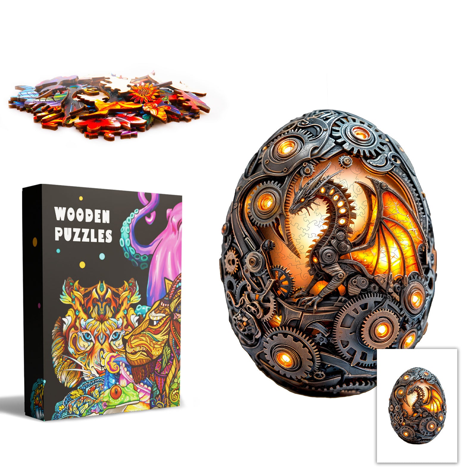 Steampunk Dragon Egg Wooden Puzzle Intricate Gear & Flame Animal Shape
