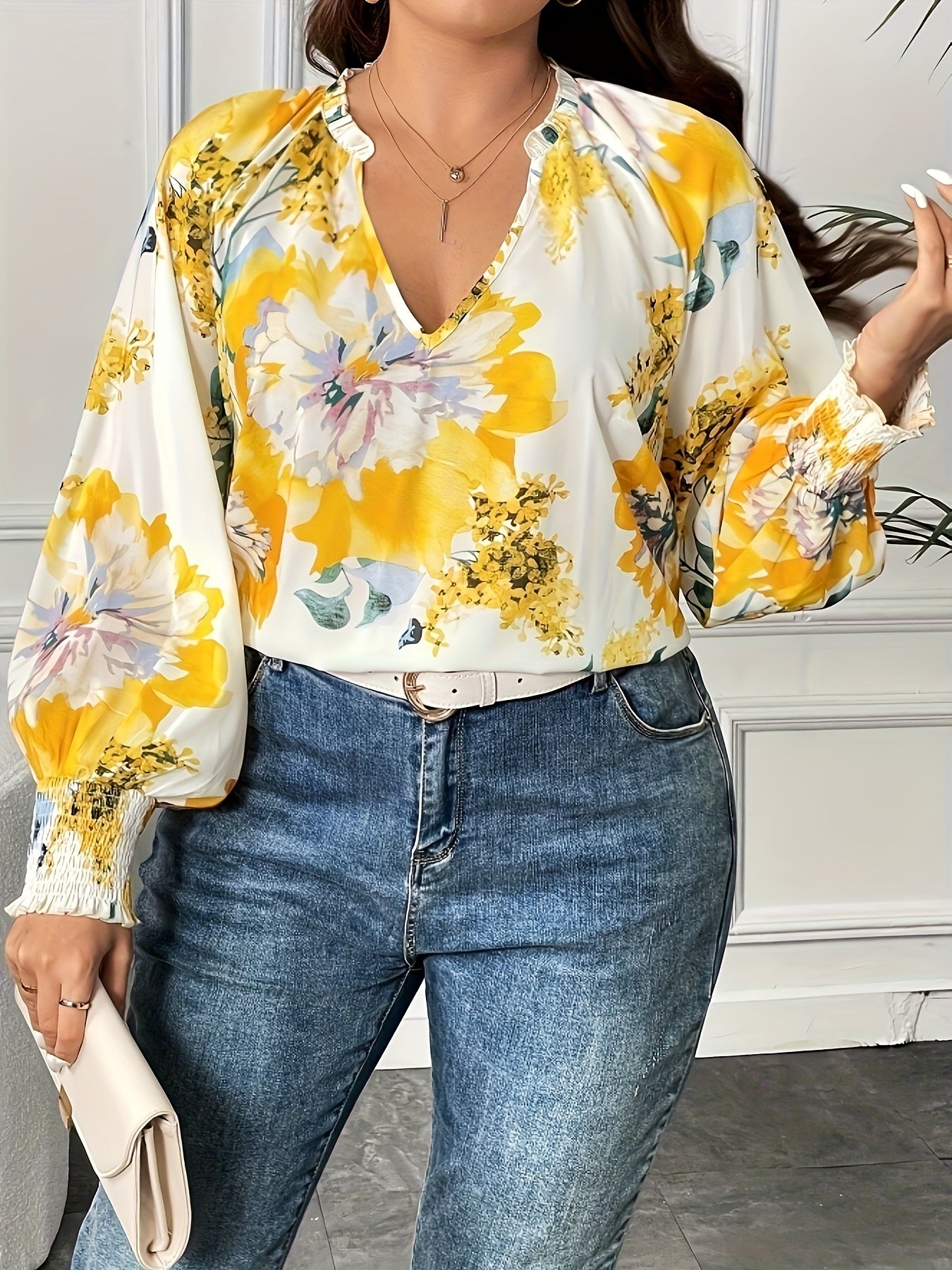  Blouse Women's Plus Floral Print Lantern Sleeve Top