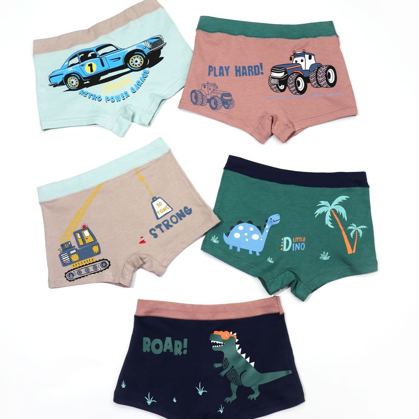 5pcs Boys Cartoon Car & Dinosaur Boxer Briefs