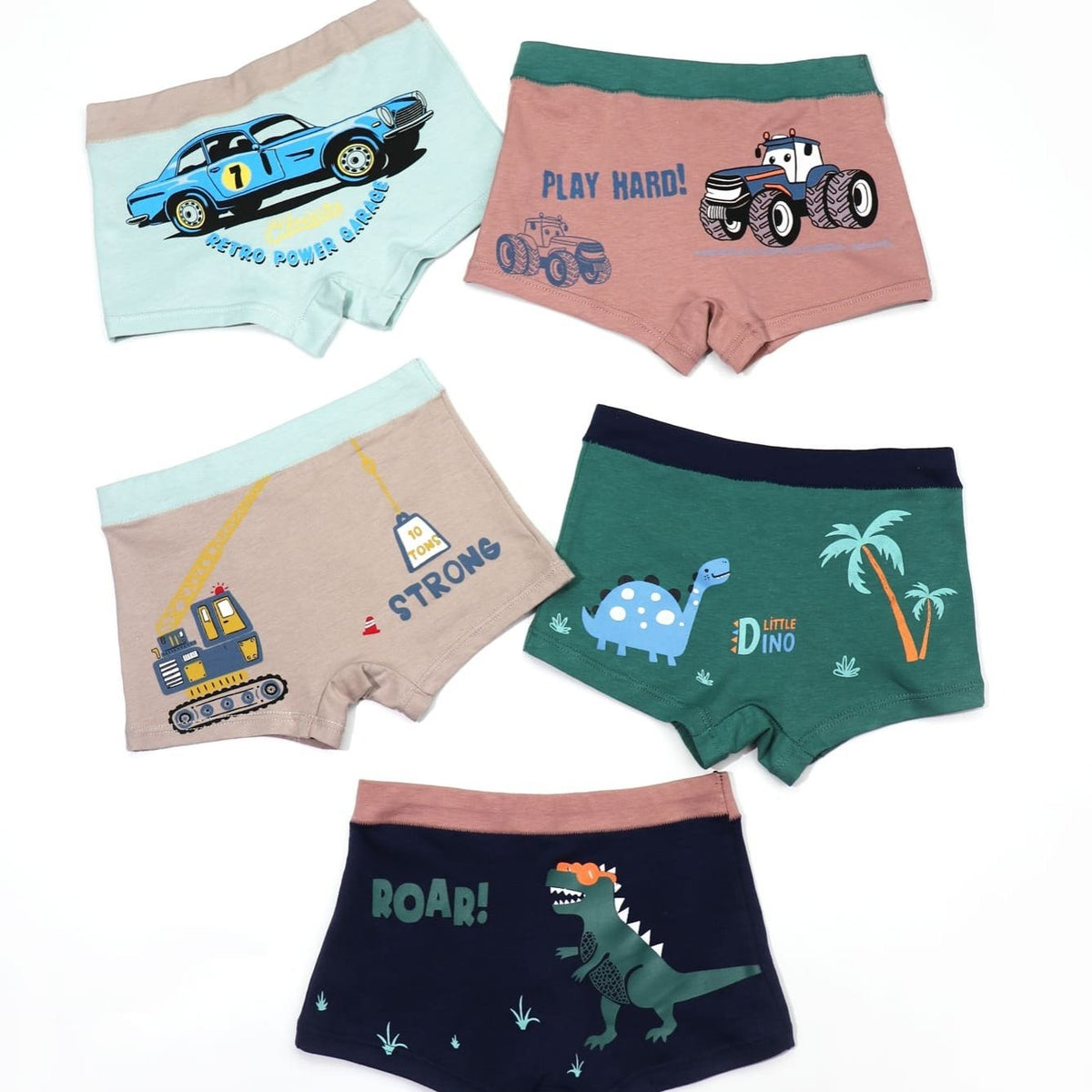 5pcs Boys Cartoon Car & Dinosaur Boxer Briefs
