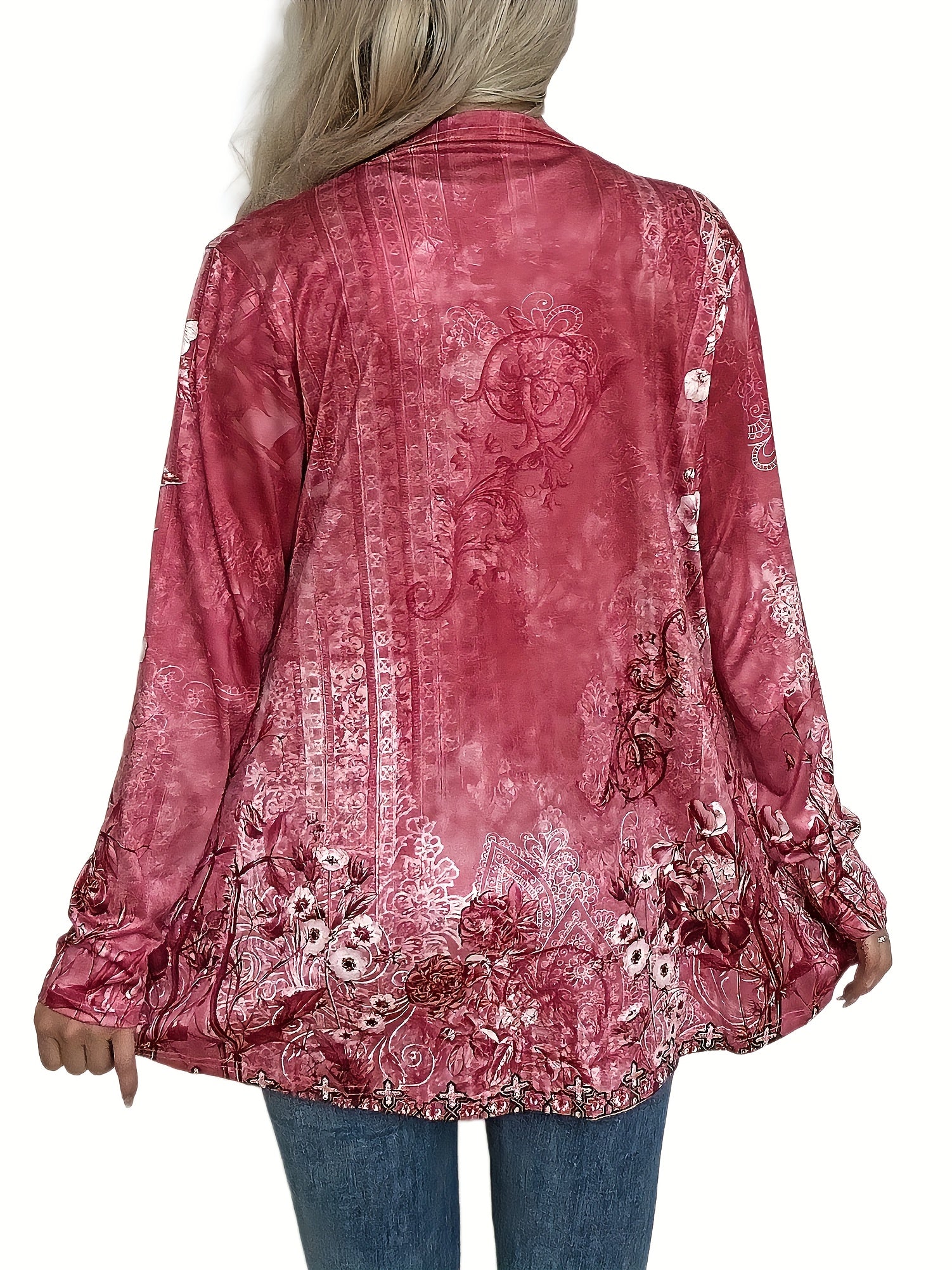  Floral Print Long Sleeve Open Front Cardigan