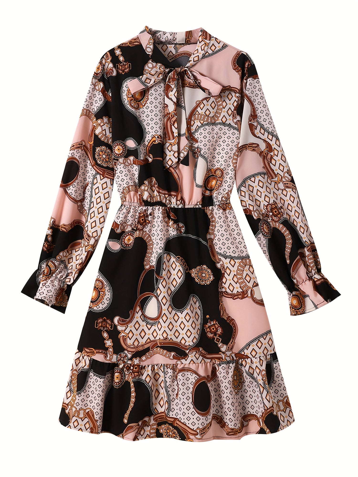  Colorblock Geometric Print Lantern Sleeve Smock Dress