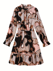  Colorblock Geometric Print Lantern Sleeve Smock Dress