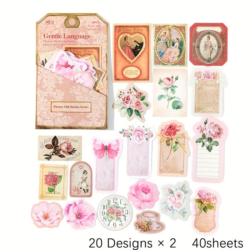 40pcs Flower Room Old Things Series Retro Small Fresh Creative Journal Decorativ