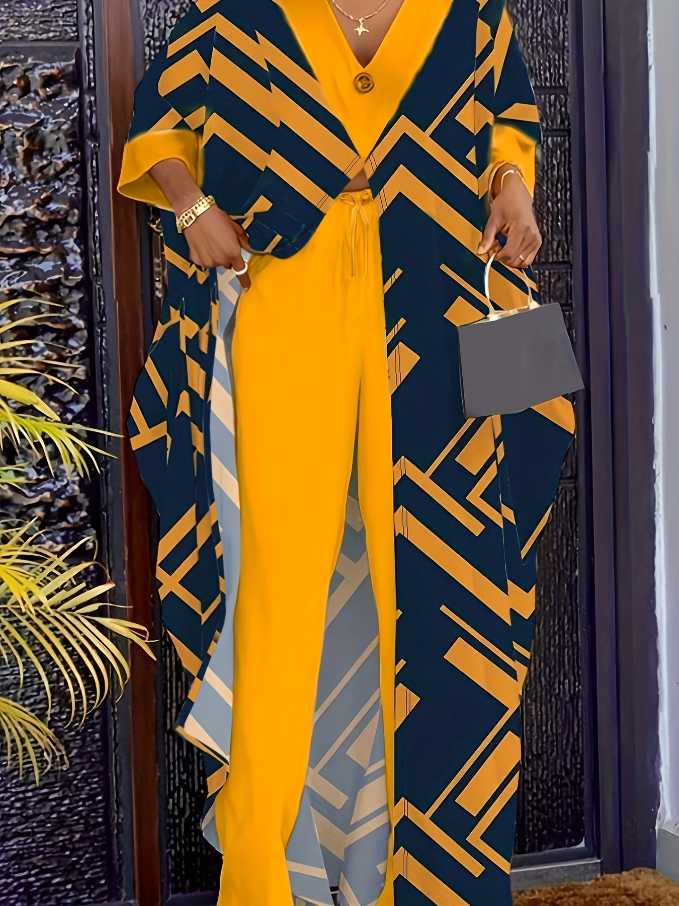  Geometric Print Long Sleeve Top & Pants Set