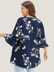  Floral Print Bell Sleeve V Neck Top