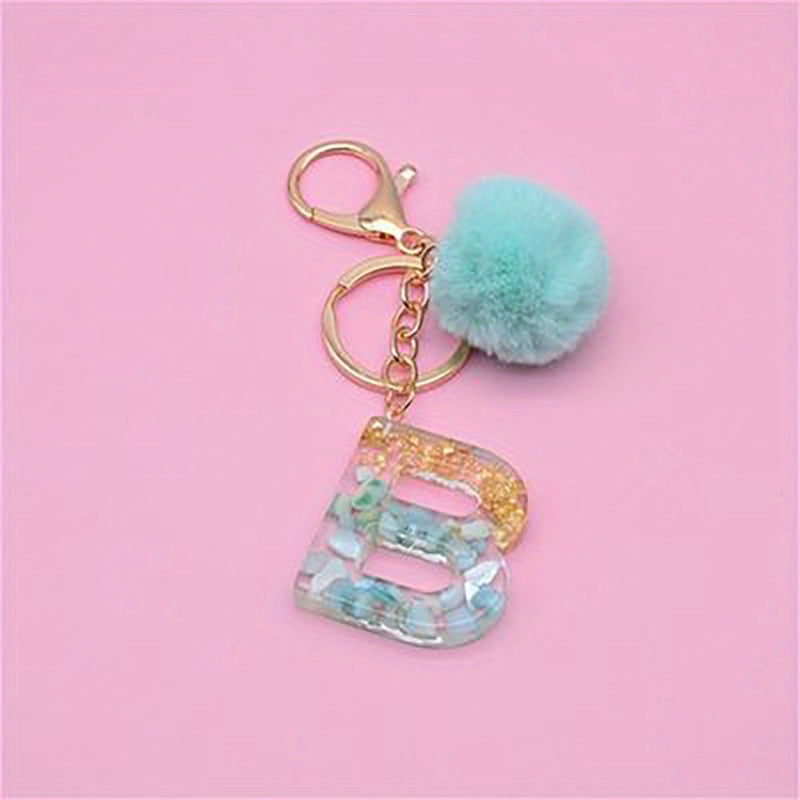 Plush Ball & Plastic Letter Keychain for Women & Girls