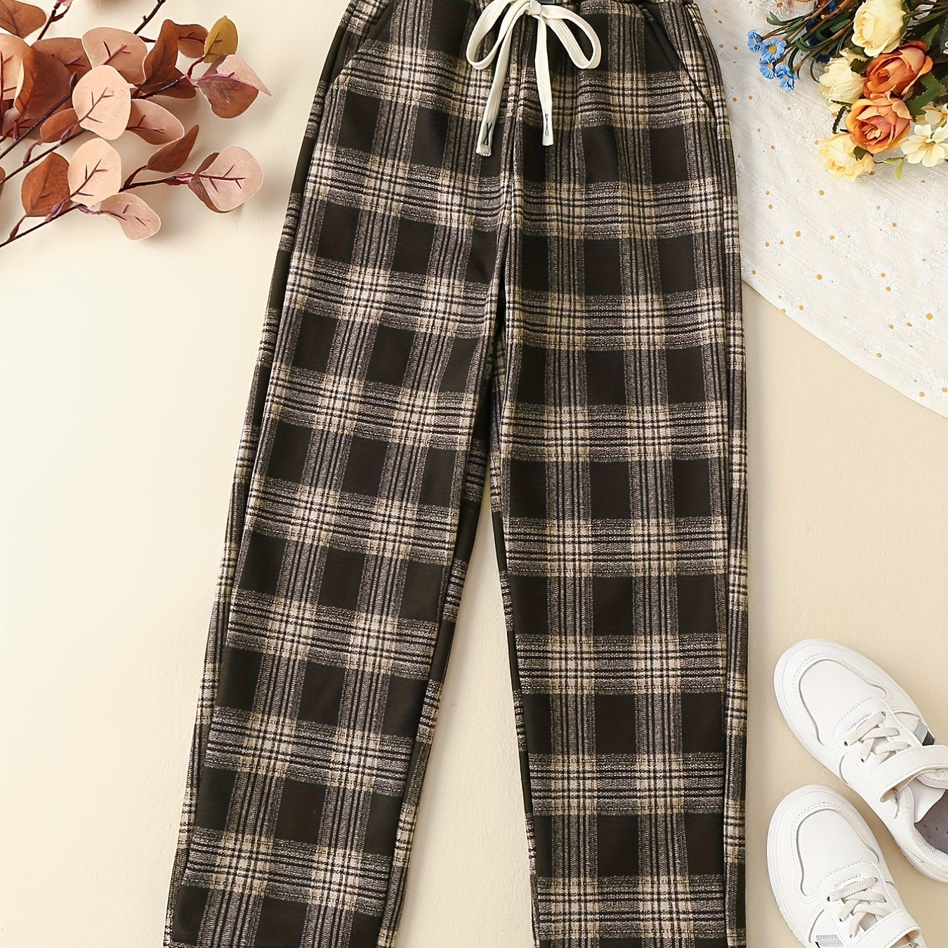 Girls' Fleece Plaid Drawstring Pants For Outwear Kids