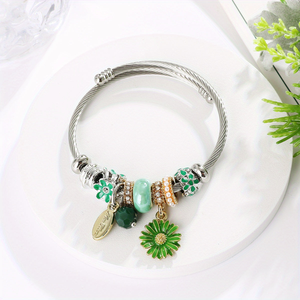 Small Daisy Charm Beaded Bangle Bracelet for Girls