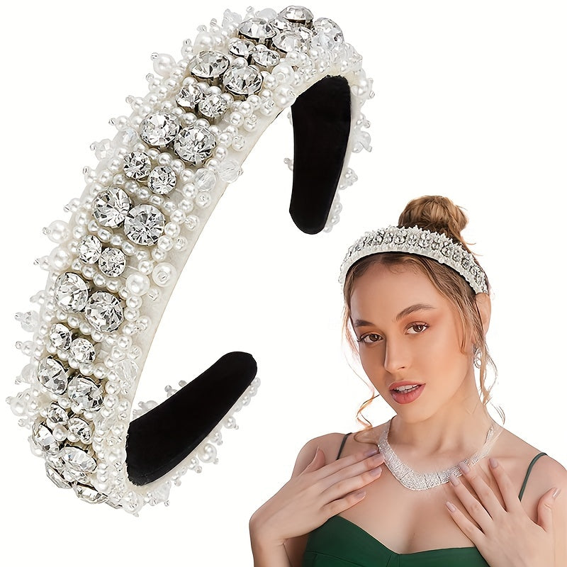 Faux Pearl Rhinestone Headband Wide Glitter Hair Band Girls Padded Headband
