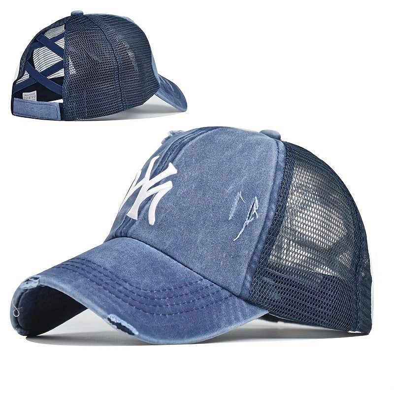 Embroidery Ponytail Trucker Hat Candy Ripped Washed Distressed Baseball Cap