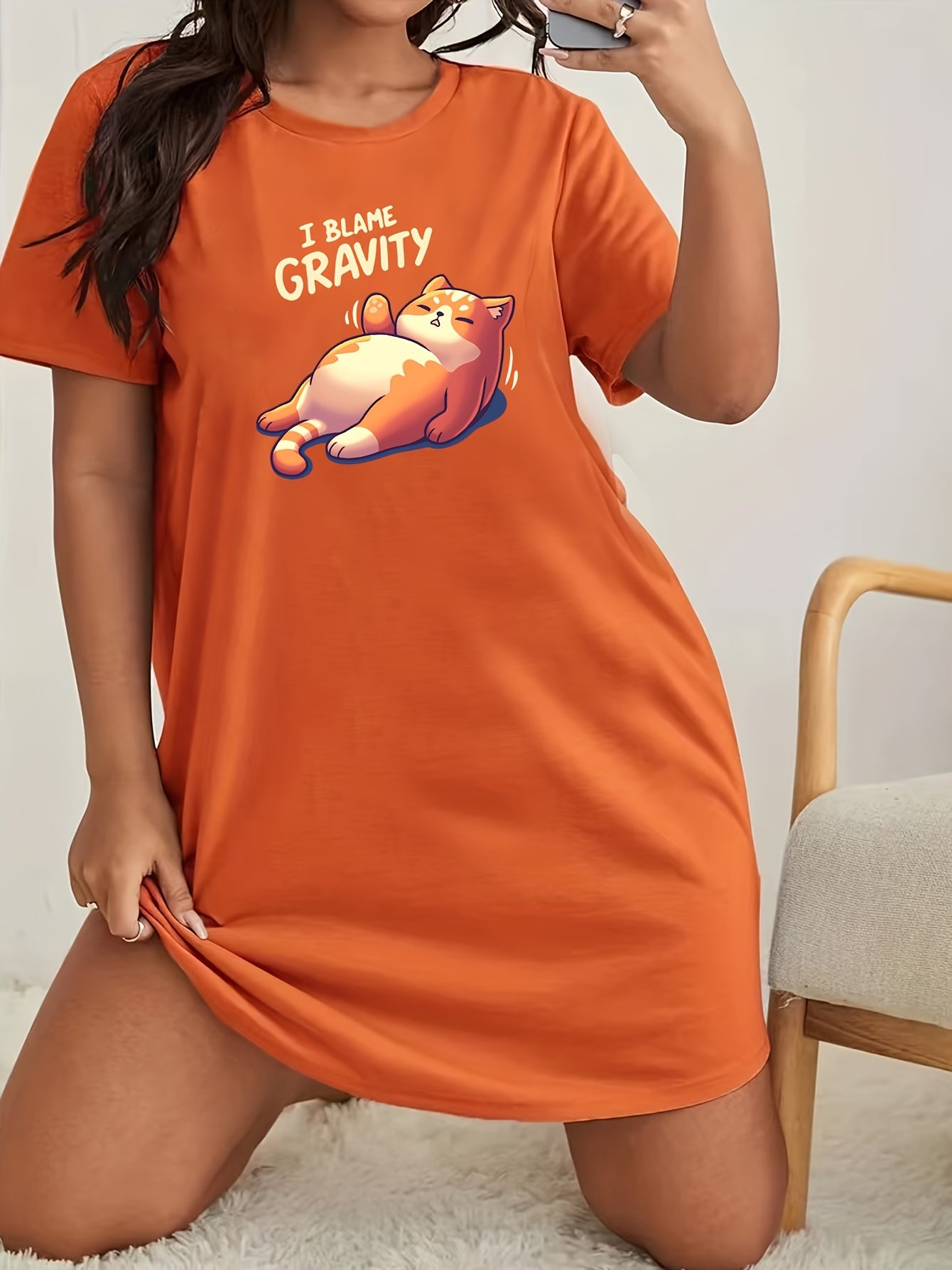 Cat Print Short Sleeve Tee Sleep Dress