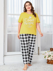  Casual Loungewear Set Women's Plus Short Sleeve Top & Gingham Pants