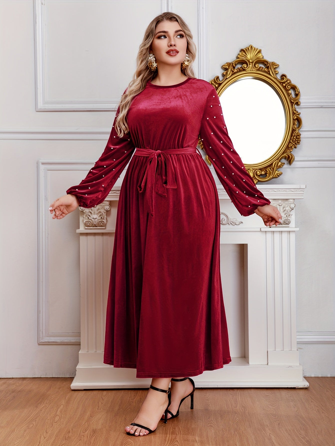  Velvet Maxi Dress with Lantern Sleeves and Belt