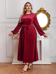  Velvet Maxi Dress with Lantern Sleeves and Belt