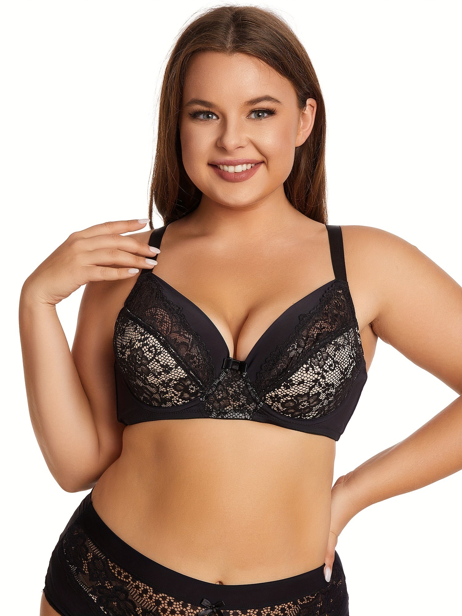  Sexy Bra Women's Plus Floral Jacquard Contrast Lace Semi Sheer Bra