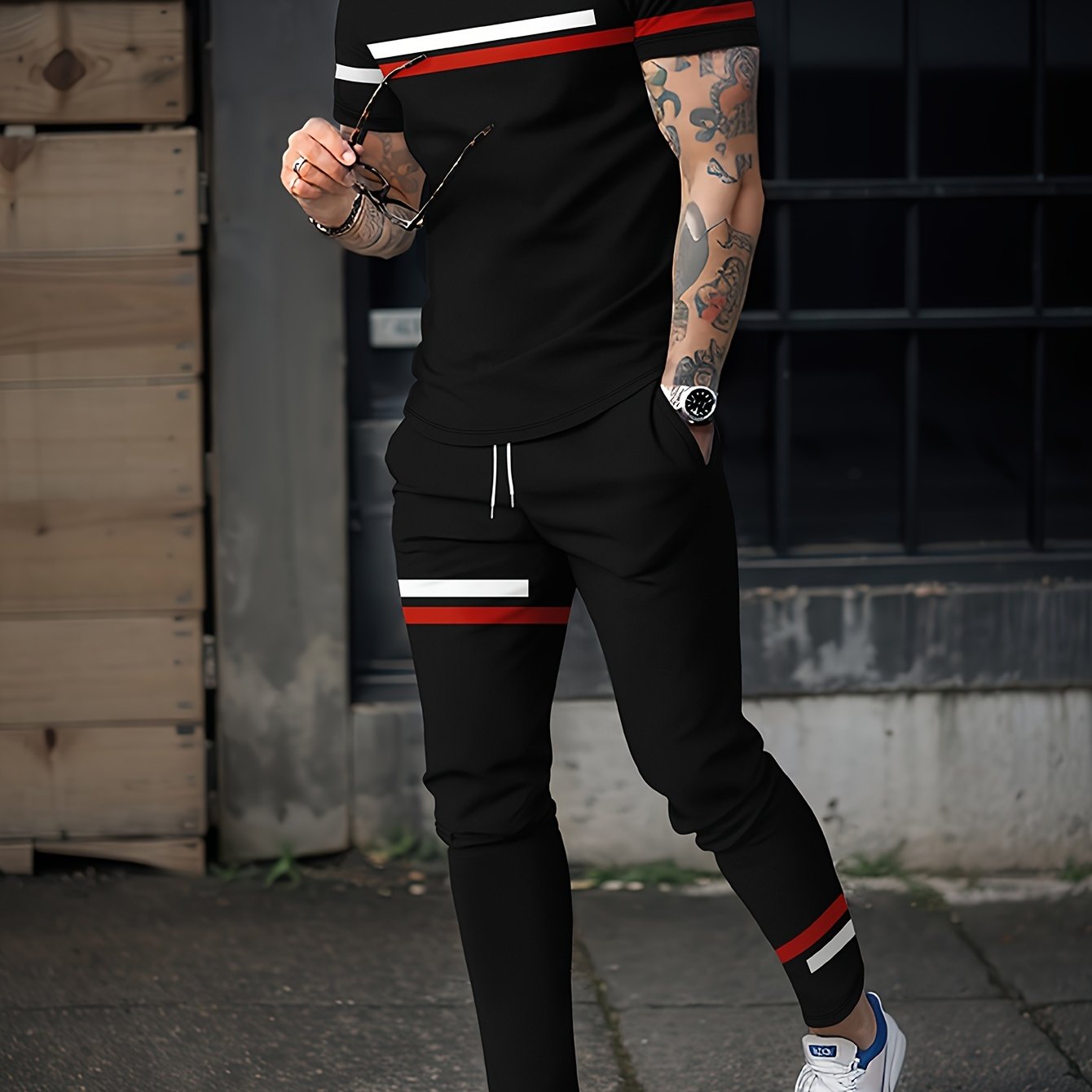 Men's Stripe 2 Piece Outfits T-shirt & Drawstring Sweatpants Set