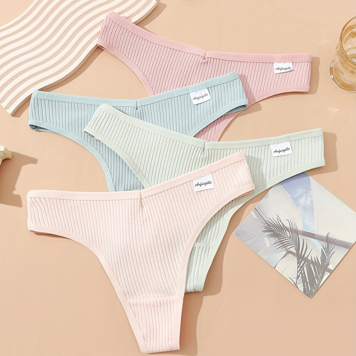 4pcs Soft Ribbed Stretchy Thongs Comfy Intimates Panties Women's Lingerie