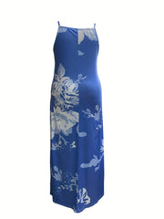  Floral Print Maxi Cami Dress Women's V Neck Slight Stretch