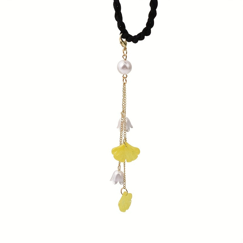 Chinese Hair Tie Ginkgo Leaf Bell Orchid Faux Pearl Tassel Hair Ring Women Girls