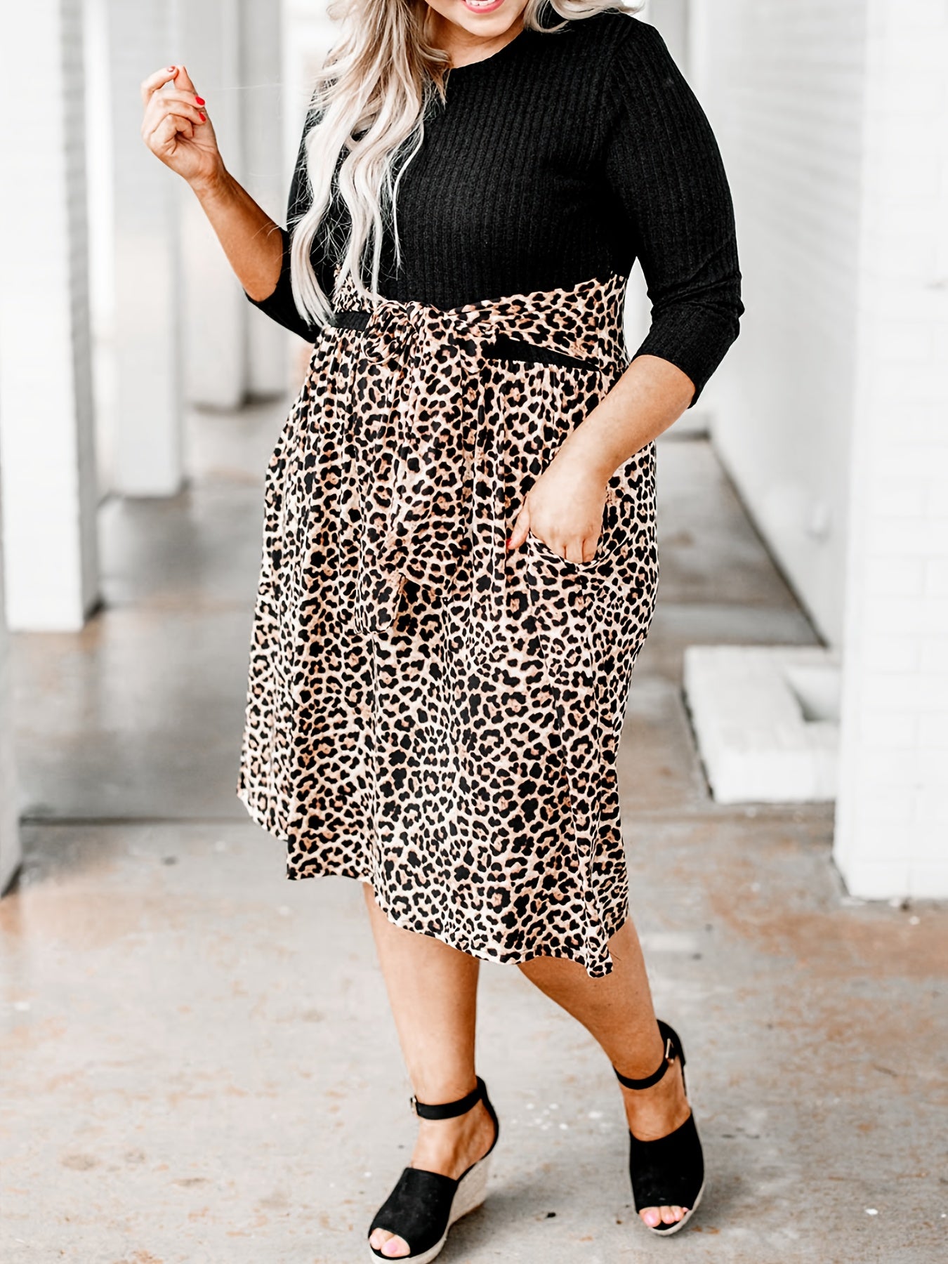  Colorblock Leopard Print Ribbed Long Sleeve Round Neck Dress