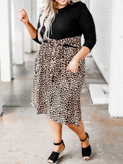  Colorblock Leopard Print Ribbed Long Sleeve Round Neck Dress