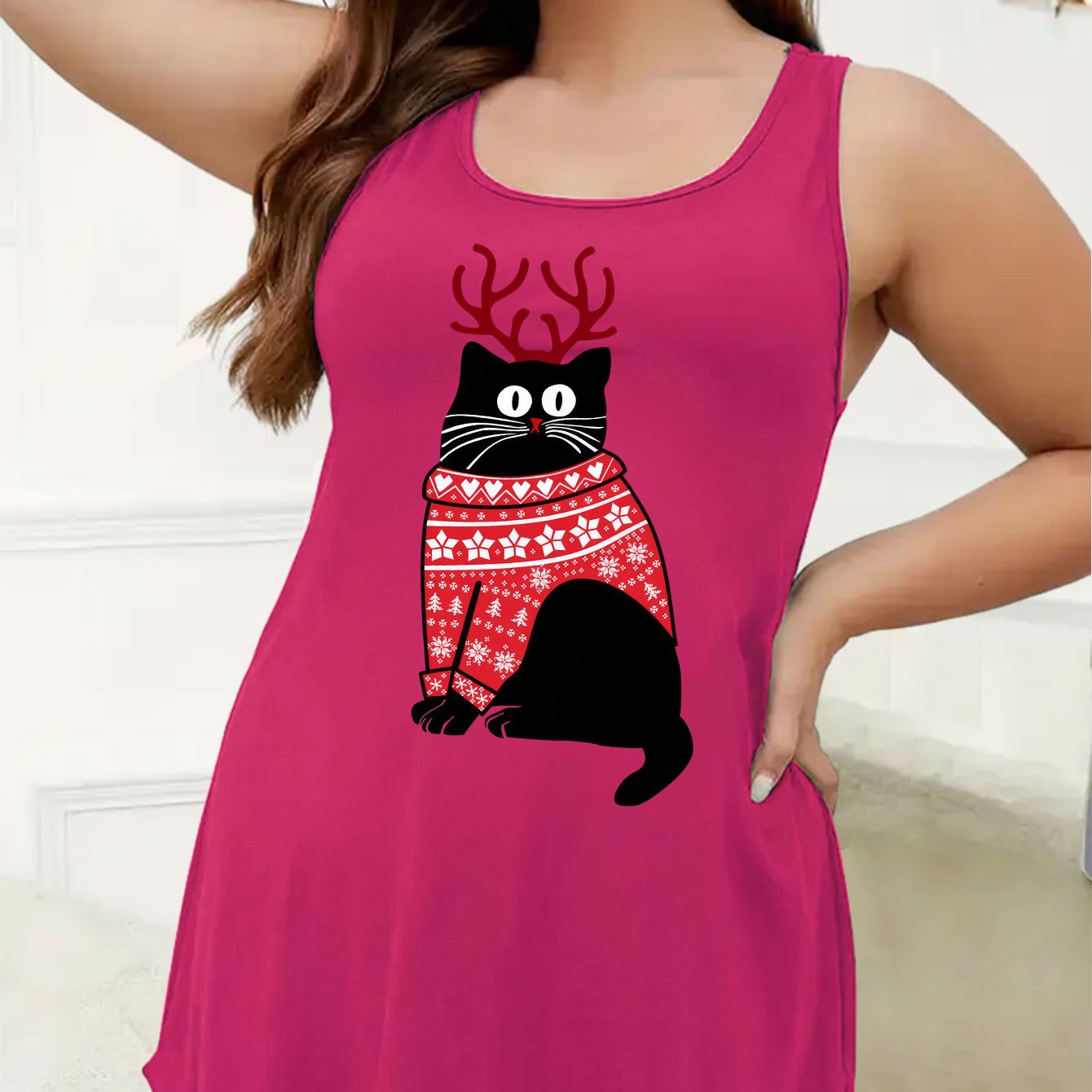  Christmas Cat Print Racer Back Nightdress