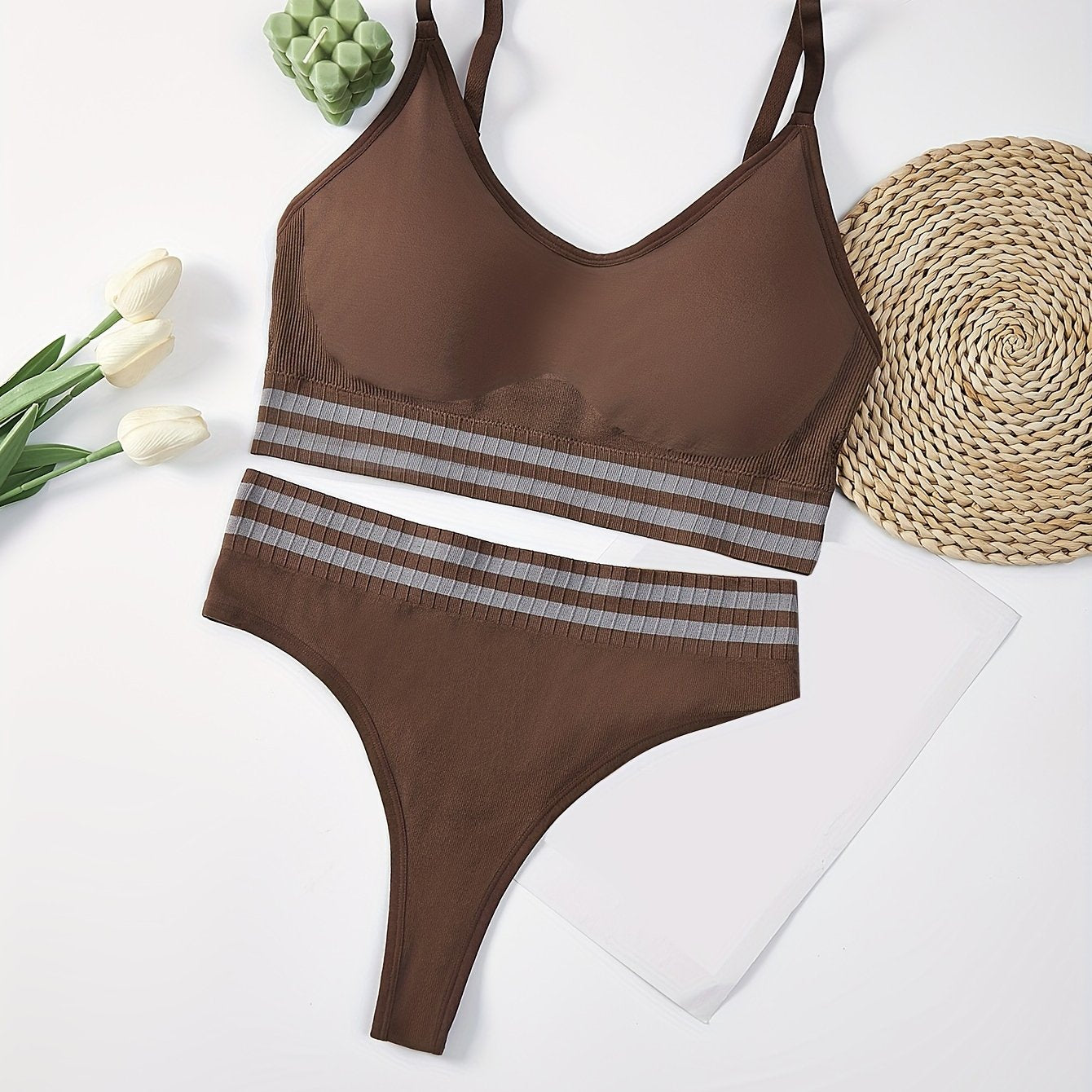 Plus Size Striped Wireless Sports Bra & Panty Set