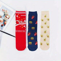 3 Pairs Cartoon Food Print Socks & Funny Mid Tube Socks Women's Stockings
