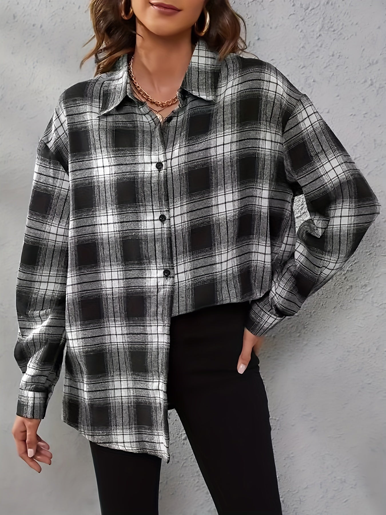  Plaid Print Long Sleeve Button Up Shirt Top
